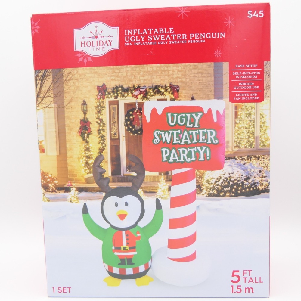 Holiday Time Inflatable Ugly Sweater Penguin 5 ft Light Up Christmas Decor